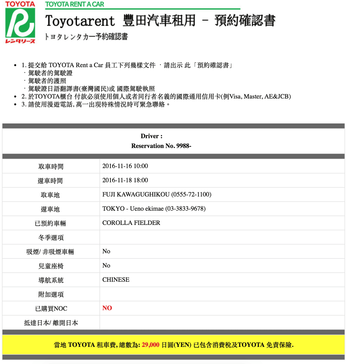 toyota rental car 日本租車