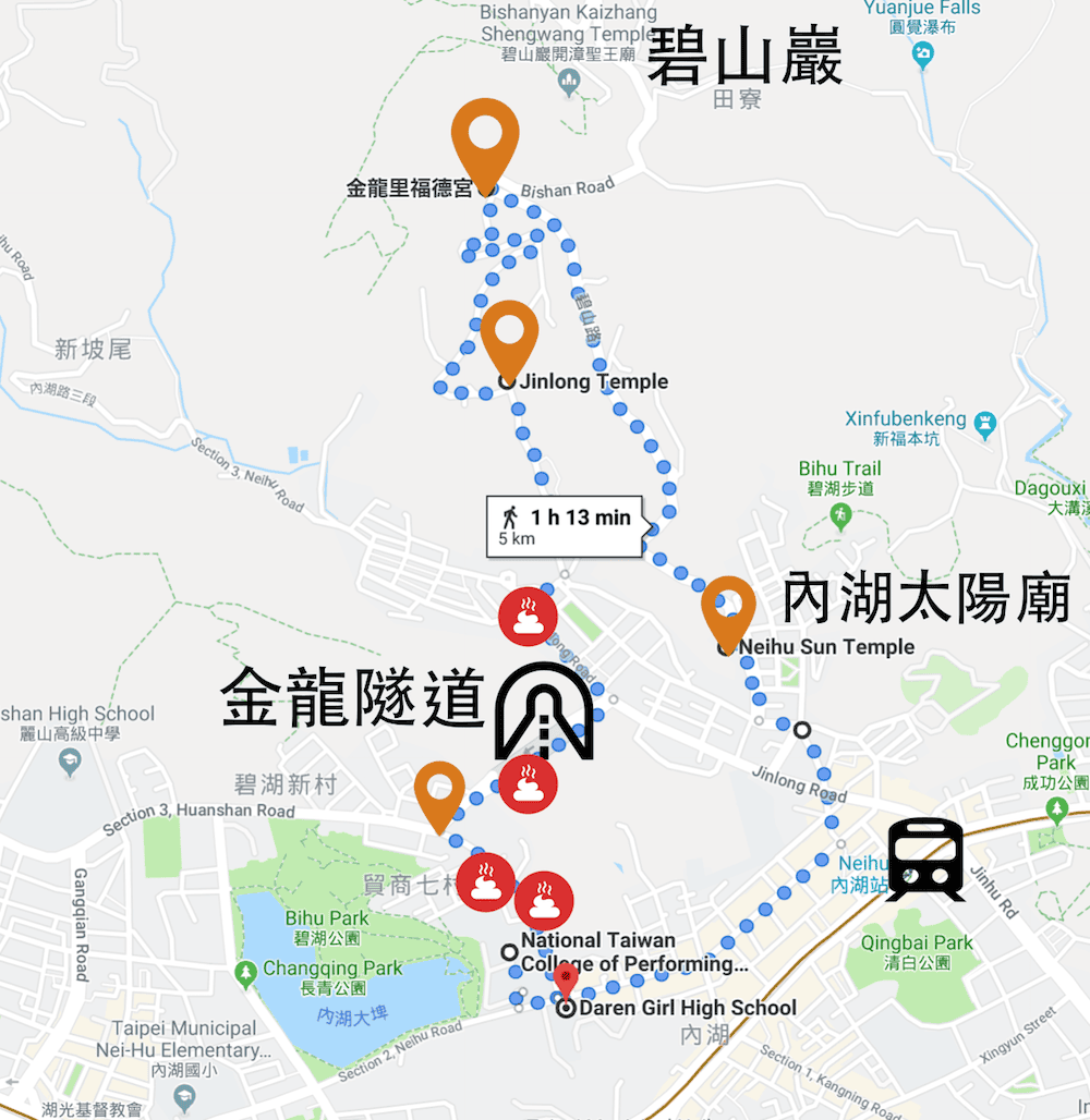 內湖爬山健行走路推薦路線，忠勇山碧山巖金面山拿來練朝聖之路很夠用