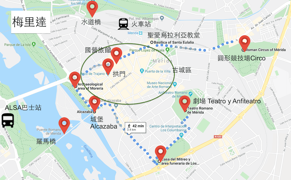 梅里達地圖景點路線示意merida